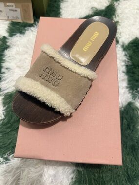 Miu Miu Beige Suede Shearling-Trim Slide Sandal